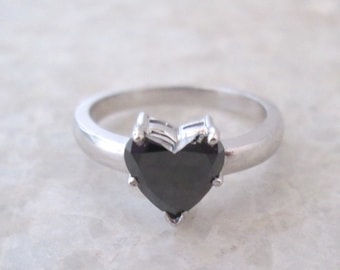 Natural Heart Black Diamond Engagement Ring, 14K Solid Gold