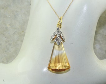 Natural Citrine Briolette Diamond Pendant, Bi-Color Citrine Diamond Pendant, 14K Yellow Gold, Long Facet Citrine Briolette Diamond Pendant