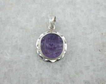 Natural Carved Amethyst Gemstones Ganesha Pendant, with 925 sterling silver curb link chain