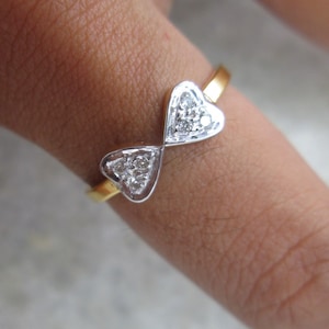 Diamond Ring, Double Heart Diamond Propose Ring, 14K Solid Yellow Gold Engagement Ring
