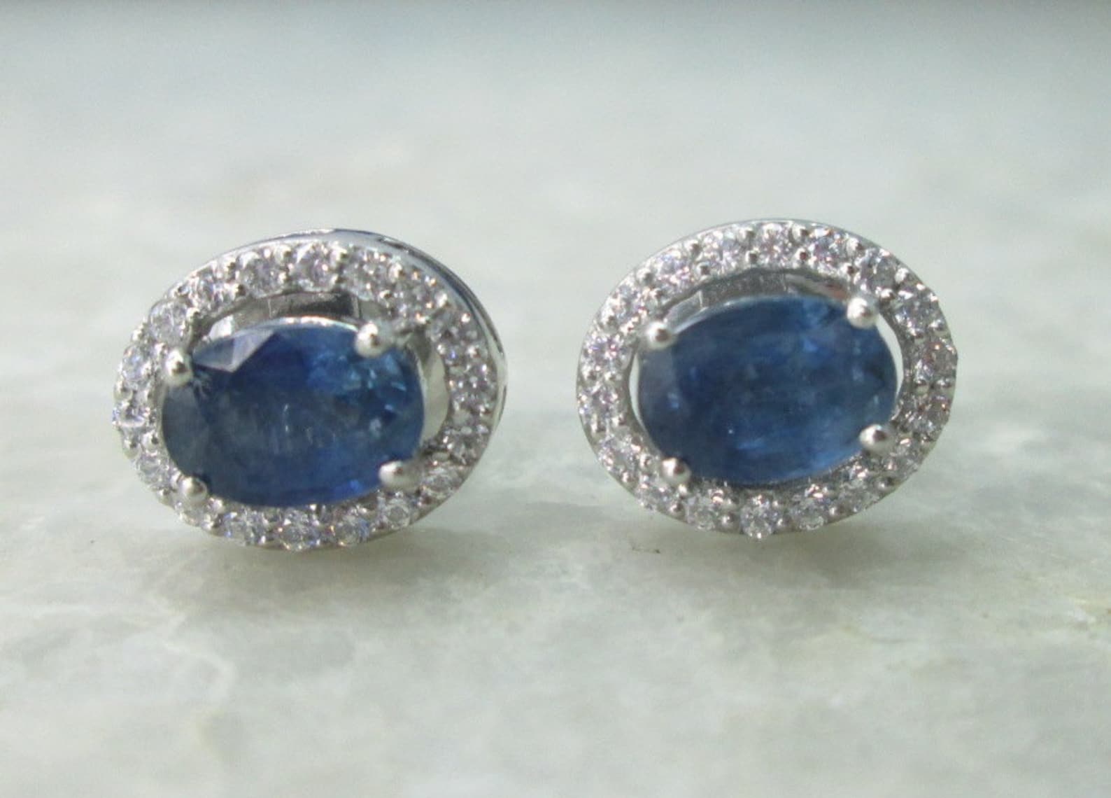 Blue Sapphire Diamond Earrings in 14K White Gold Etsy