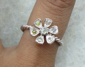 Rose Cut diamanten Ring, natuurlijke fonkelende glanzende kleuren Rose geslepen diamanten Flower Ring 925 Sterling Zilver, Valentines Gift