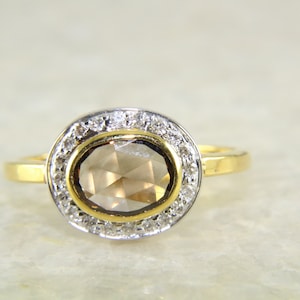 Brown Rose Cut Diamond Ring, 10K Solid Yellow Gold, Halo Engagement Ring