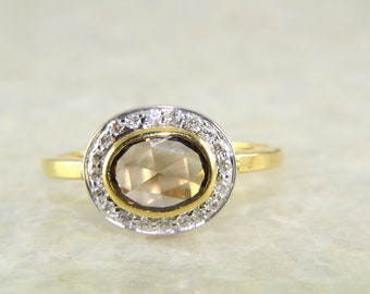 Brown Rose Cut Diamond Ring, 10K Solid Yellow Gold, Halo Engagement Ring