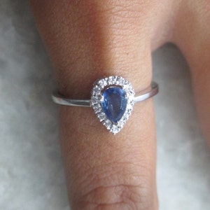 Natural Blue Sapphire Diamond Engagement Ring, 10K White Gold, Pear Shape Sapphire Diamond Ring, Blue Sapphire Gemstone Ring for her