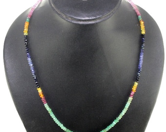 Natural Ruby, Sapphire, Emerald Beads Gemstones Necklace silver clasp, Multi Color Precious Gemstone Beads Necklace