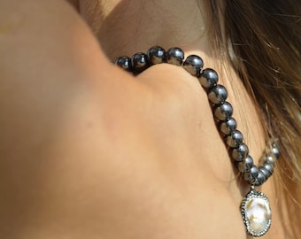 Retro Necklace-Hematite Necklace-Bead Necklace-Pearl Necklace-Bohemian Style-Hematite Jewelry-Pearl Jewelry-Boho Chic-Statement Necklace