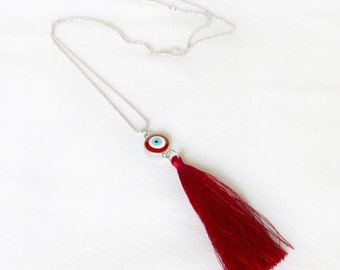 Mini Evil Eye Necklace Evil Eye Jewelry Tassel Necklace Protection Jewellery Gift for Her Everyday Necklace Woman Bohemian Gift