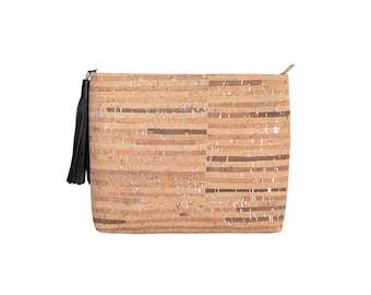 Cork Handbag-Clutch Bag-Eco Friendly Bag-Silver Pouch-Cork Purse-Zipper Pouch-Brown Stripe-Bridesmaid Gift-Evening Bag-Chic Purse-Chic Bag