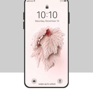 Può includere: Schermo di smartphone che mostra uno sfondo floreale rosa con l'ora 10:10 e la data sabato 10 novembre. Lo sfondo presenta un primo piano di una pianta rosa e piumosa con un centro rosso. La parola "WALLPAPER" è in basso.