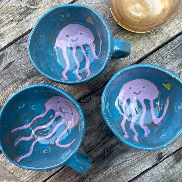 Handmade ceramic mug,Seaside, beach, jellyfish,happy, smiley,sea creature, pinchpot, kiln fired, hand painted, gift her, him, friend,