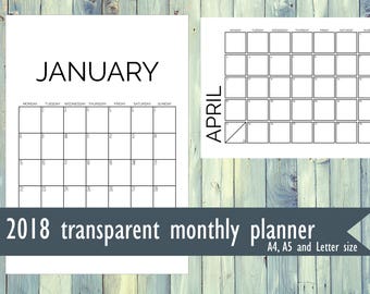 Printable transparent 2018 monthly planner. PNG file planner. 2018 monthly planner. A4 size, Letter size, A5 size printable planner.