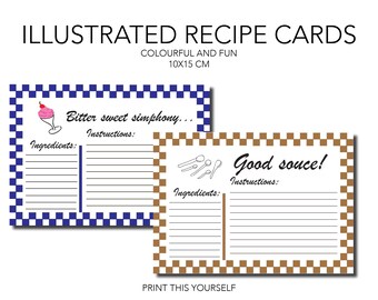10 printable illustrated recipe cards. Printable illustrations for recipe organisation. Gift for her. Printable colourful cards.