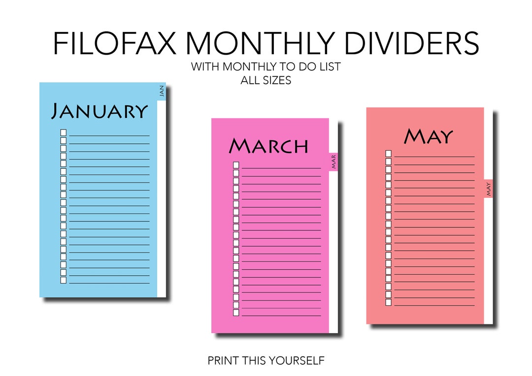 Printable Filofax Monthly Dividers With to Do List. 12 Filofax Dividers ...