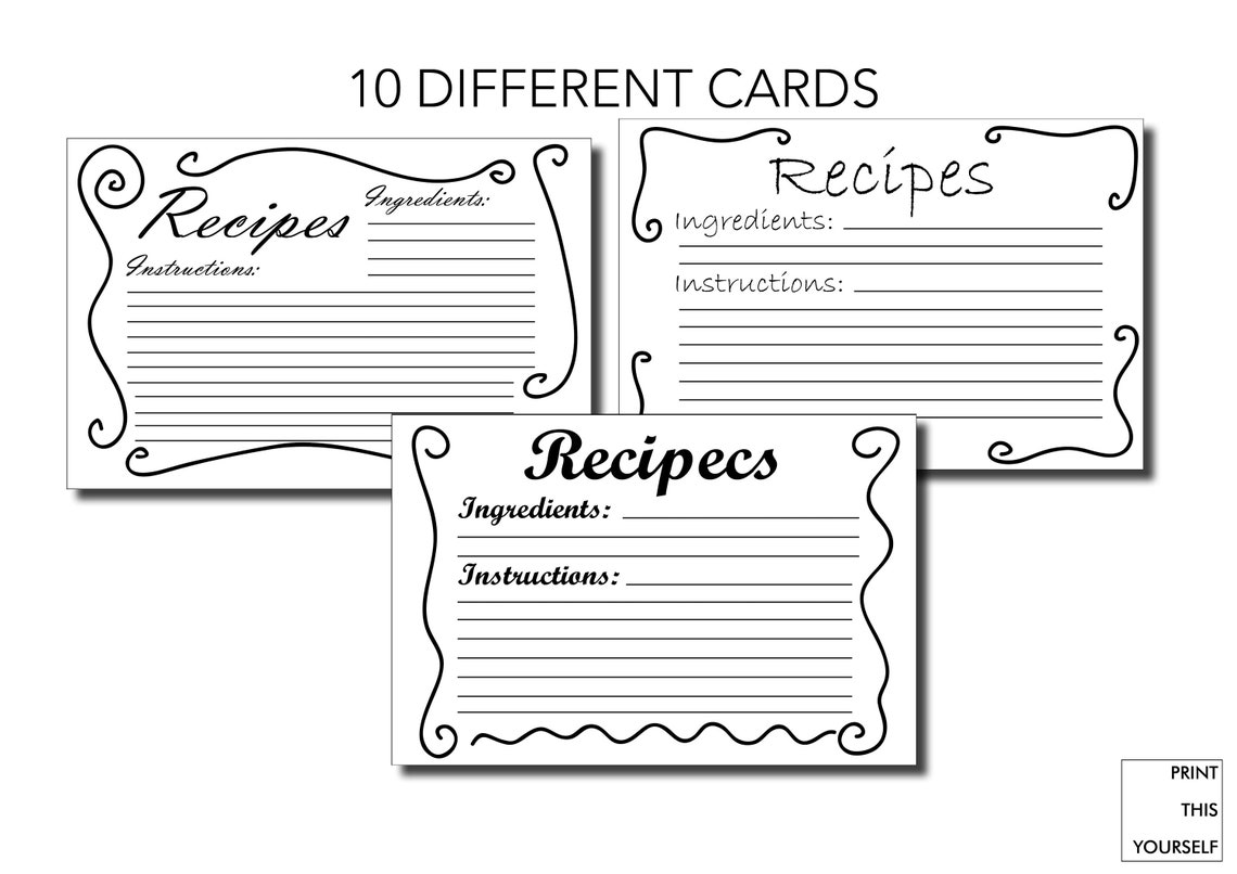 Printable Recipe Cards. Black and White. Bundle of 10 Printable Simple ...
