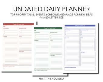 Positive daily planner. Printable undated page for daily planning. Colourful planner. Minimalistic planner. Schedule / event / task planner.