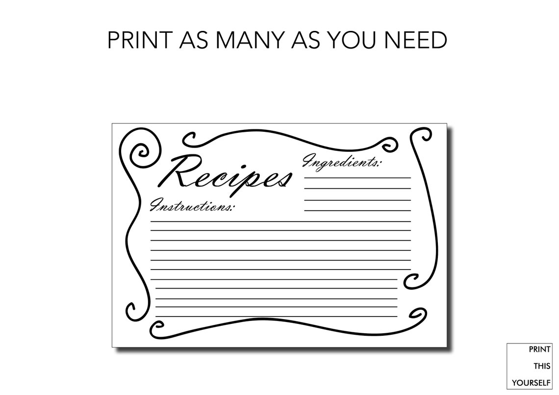 Printable Recipe Cards. Black and White. Bundle of 10 Printable Simple ...
