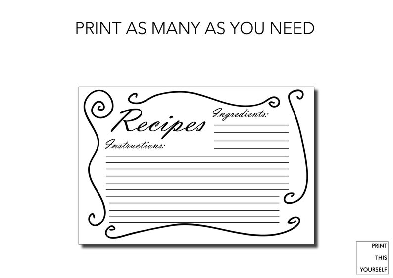 Printable Recipe Cards. Black and White. Bundle of 10 Printable Simple