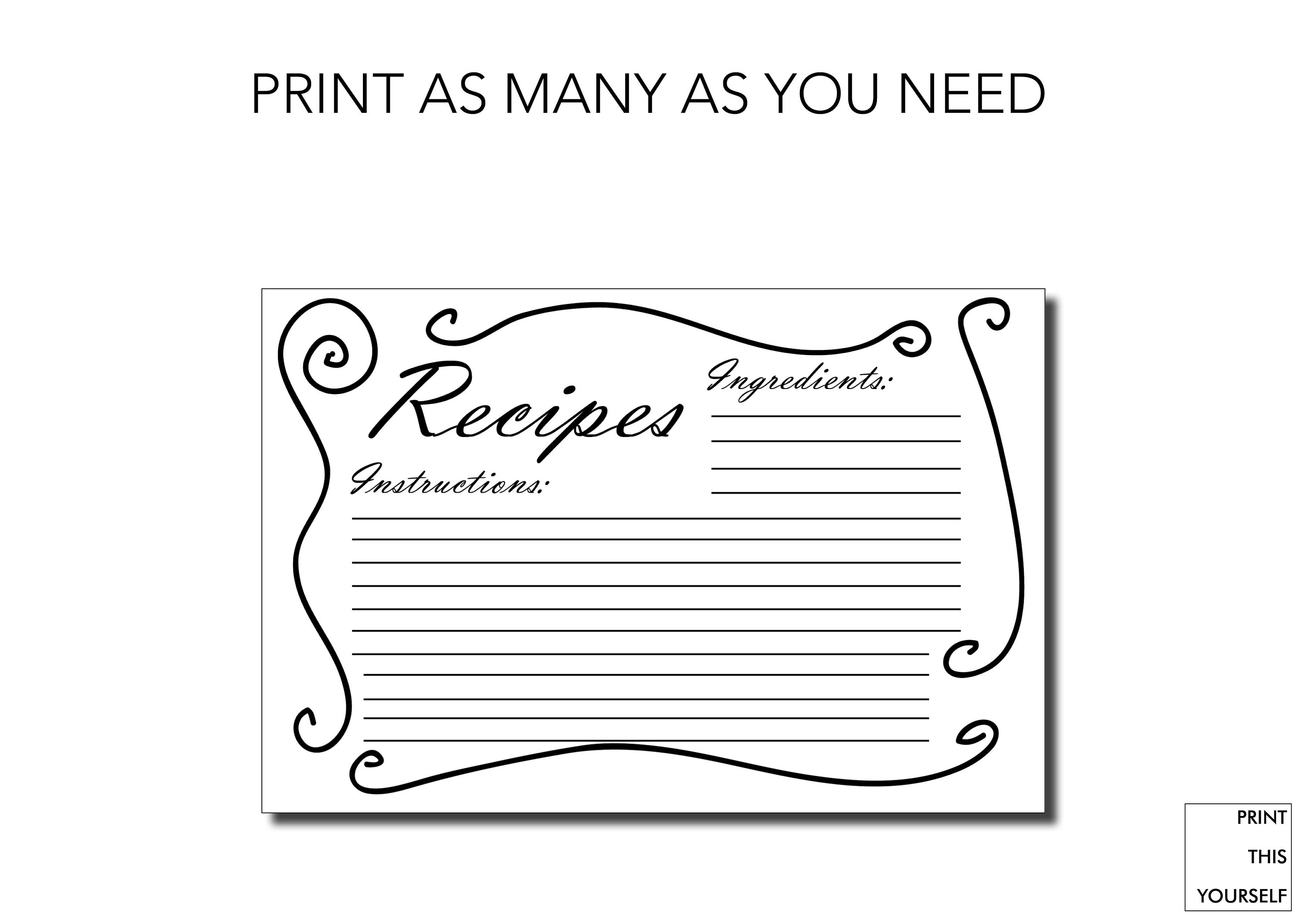 Printable Recipe Cards. Black and White. Bundle of 10 Printable Simple ...