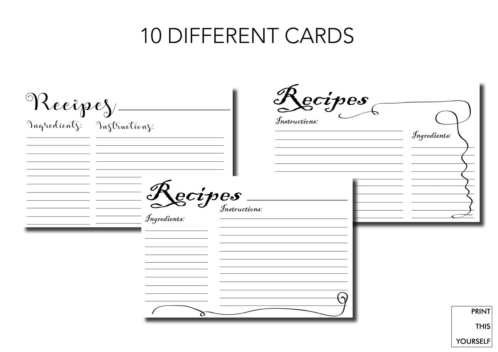 Printable Recipe Cards. Black and White. Bundle of 10 Printable Simple ...