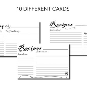 Printable Recipe Cards. Black and White. Bundle of 10 Printable Simple ...