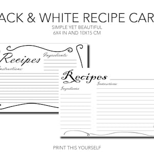 Printable Recipe Cards. Black and White. Bundle of 10 Printable Simple ...