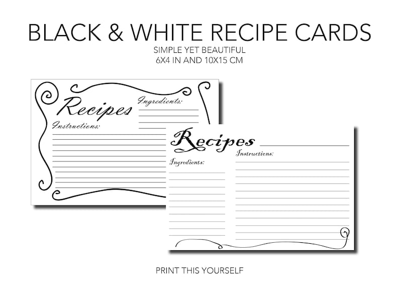 Printable Recipe Cards. Black and White. Bundle of 10 Printable Simple