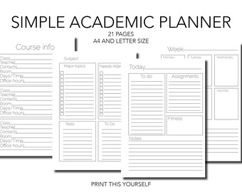 Printable Academic planner. Printable Student planner. Printable courses schedule. Printable Grade List. Printable Student organizer.