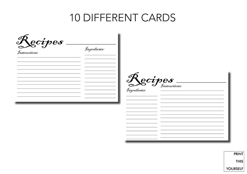 Printable Recipe Cards. Black and White. Bundle of 10 Printable Simple