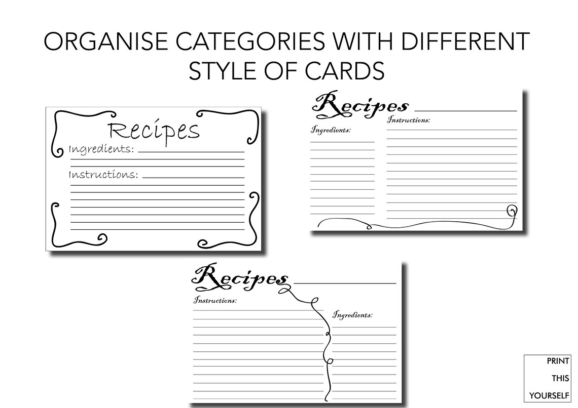 Printable Recipe Cards. Black and White. Bundle of 10 Printable Simple ...