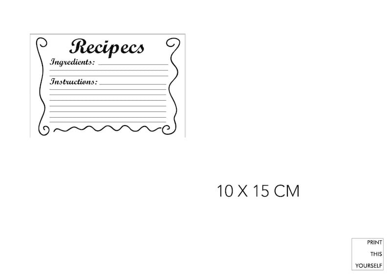 Printable Recipe Cards. Black and White. Bundle of 10 Printable Simple
