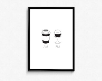 Printable minimal home decor poster. Funny home decor. Printable Wall art. Wine poster. Coffee Poster. Morning coffee. Printable home decor