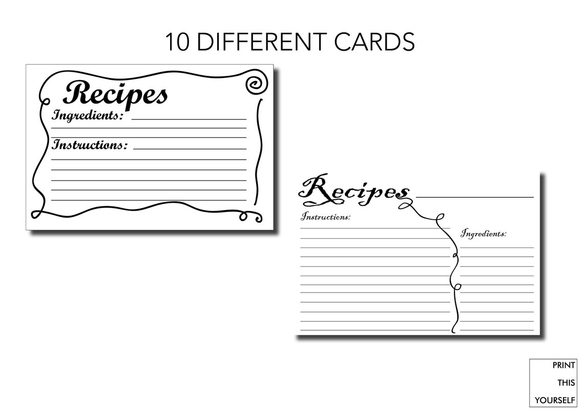 Printable Recipe Cards. Black and White. Bundle of 10 Printable Simple