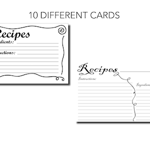 Printable Recipe Cards. Black and White. Bundle of 10 Printable Simple ...