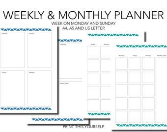 Printable undated weekly and monthly planner. Planner printable. Undated weekly planner. Undated monthly planner. Week on Sunday planner.