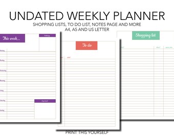 Undatierte Pastell Farbe Wochenplaner. Druckbar für die Liste druckbare Bucket-Liste. Druckbare Einkaufsliste. Druckbare undatierte Planer. Pastell-
