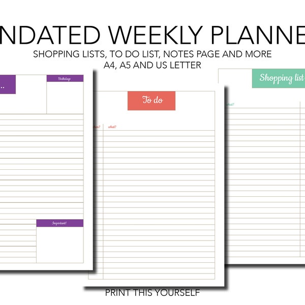 Undated pastel colour weekly planner. Printable to do list Printable Bucket List. Printable Shopping List. Printable undated planner. Pastel