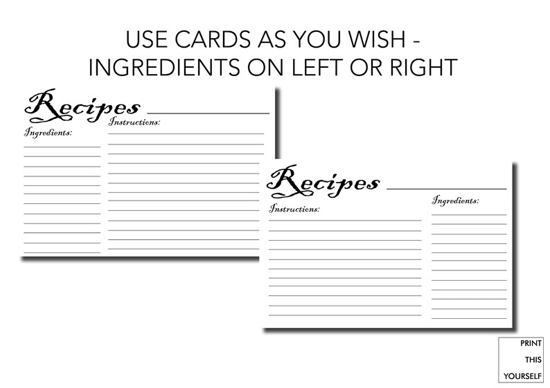Printable Recipe Cards. Black and White. Bundle of 10 Printable Simple