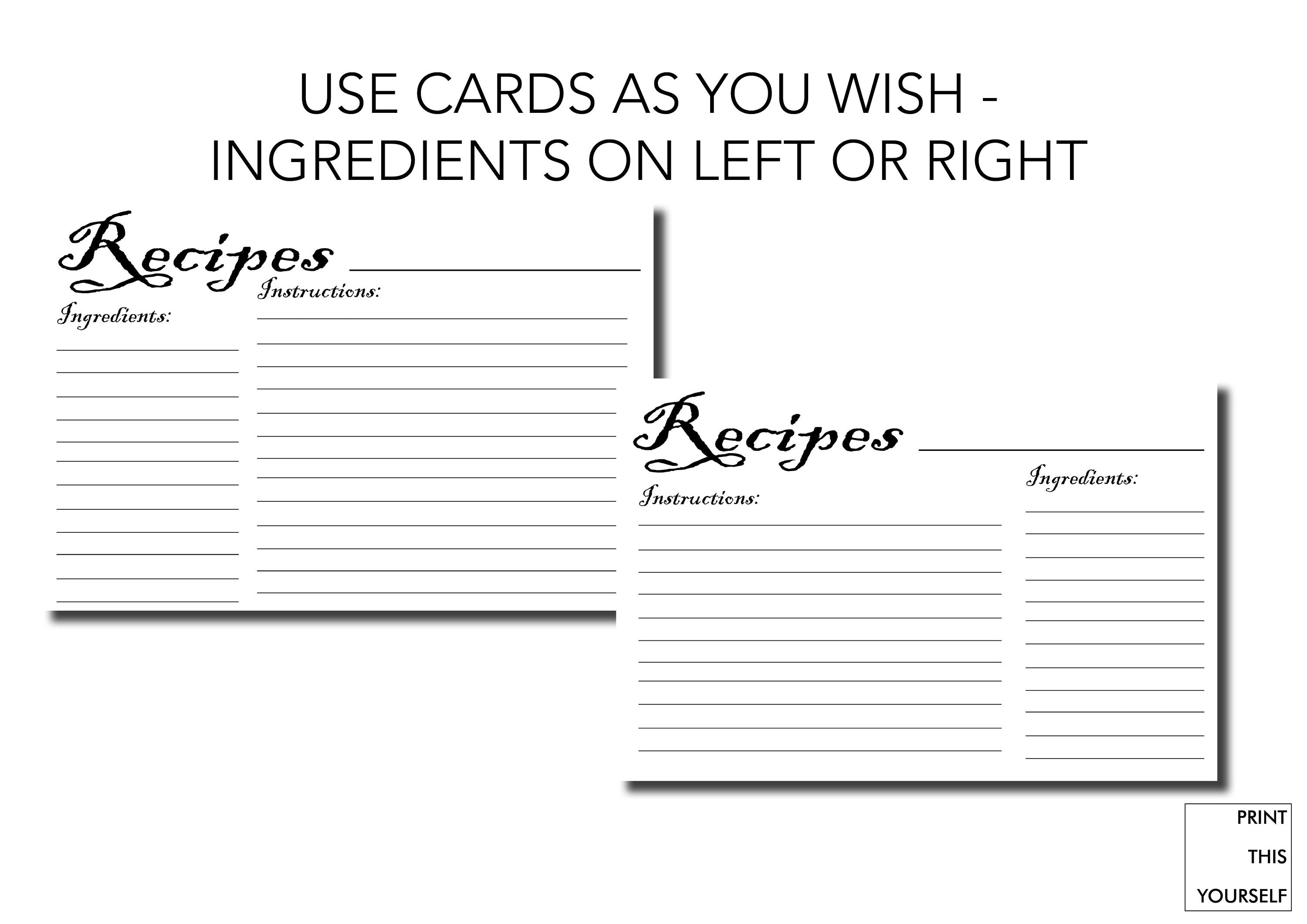 Printable Recipe Cards. Black and White. Bundle of 10 Printable Simple ...