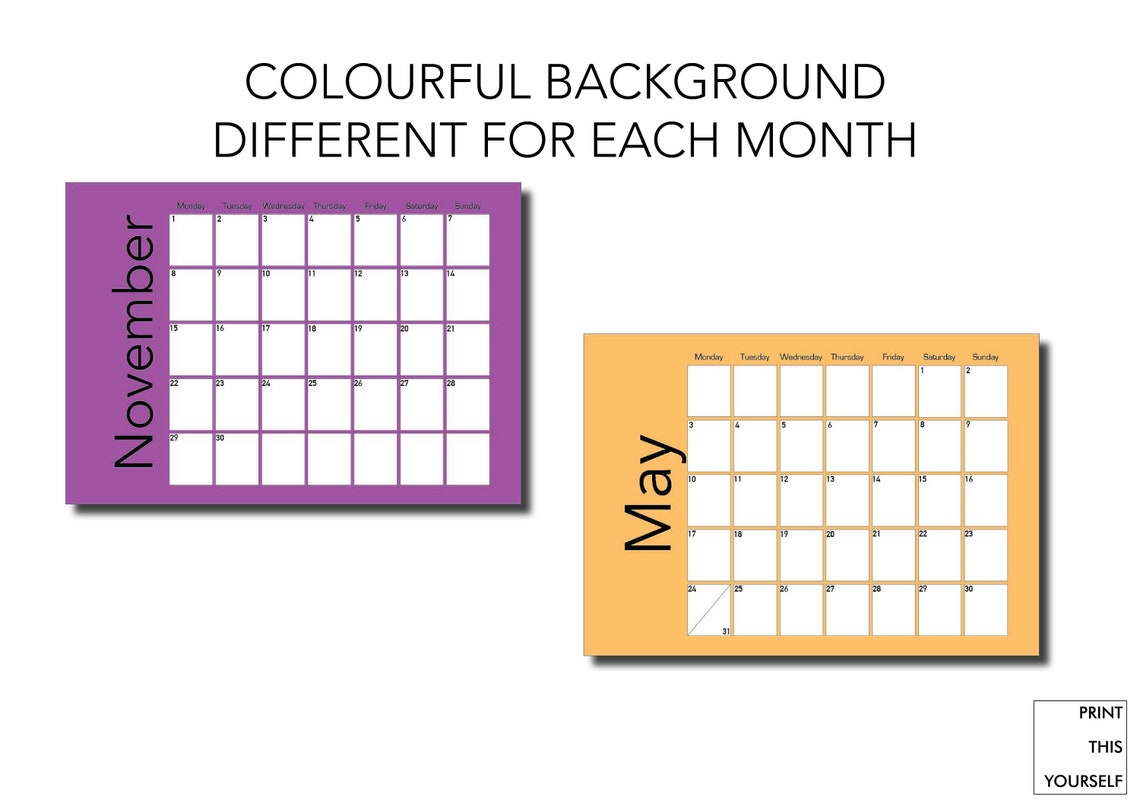 Printable colourful monthly planner for 2021. Horizontal | Etsy