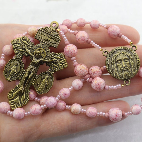 Chaplet of The Holy Face - Sacred Heart Chaplet of Reparation - Pink Chaplet of Our Lord Jesus Christ with Antique Bronze Pardon Crucifix