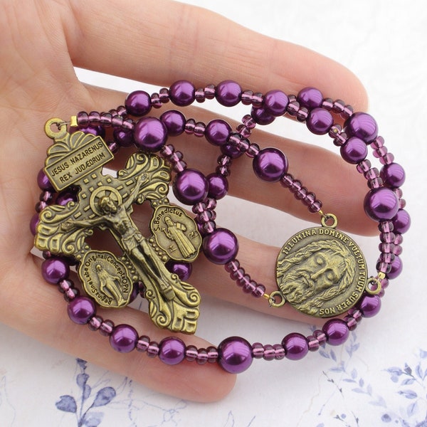 Chaplet of The Holy Face - Sacred Heart Chaplet of Reparation - Purple Chaplet of Our Lord Jesus Christ with Antique Bronze Pardon Crucifix
