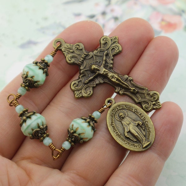 Three Hail Mary Devotion Chaplet - Antique Bronze Miraculous Medal & Fleur-de-lis Style Crucifix Three Privileges of Mary Prayer Beads