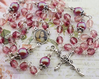 Catholic Rosary Beads - Saint Therese of Lisieux the Little Flower Medal & Rose Cross - Pink with Red Five Decade Rosary - Packaged as Gift