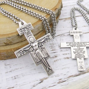 Crucifix Necklace, Large San Damiano Cross Chain Necklace, Saint Francis Of Assisi Prayer Cross, Catholic Cross Pendant Gift