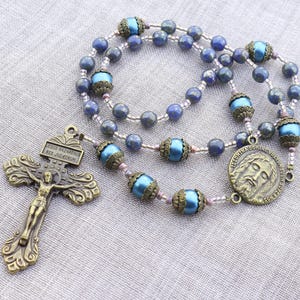 Chapelet de la Sainte-Face - Chapelet du Sacré-Cœur de Réparation - Chapelet bleu de Notre Seigneur Jésus-Christ avec crucifix du pardon en bronze antique