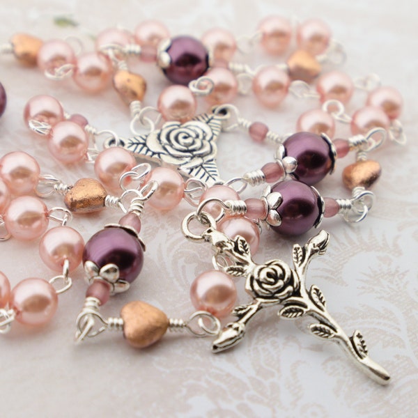 Anglican Prayer Beads - Pink & Burgundy Pearls Anglican Rosary Beads with Rose Cross - Episcopal Rosary Prayer Beads - Christian Gift