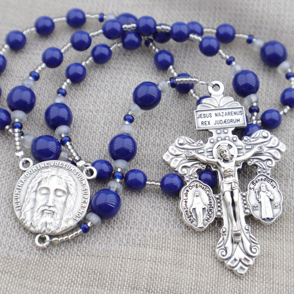 Chaplet of The Holy Face - Sacred Heart Chaplet of Reparation - Royal Blue Chaplet of Our Lord Jesus Christ with Pardon Indulgence Crucifix