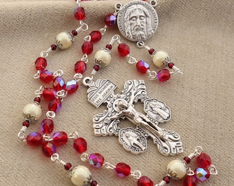 Chaplet of The Holy Face Sacred Heart Chaplet of Reparation - Red with Ivory Pearls Chaplet of Our Lord Jesus Christ with Pardon Crucifix