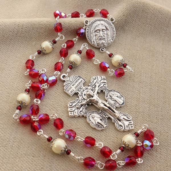 Chaplet of The Holy Face Sacred Heart Chaplet of Reparation - Red with Ivory Pearls Chaplet of Our Lord Jesus Christ with Pardon Crucifix